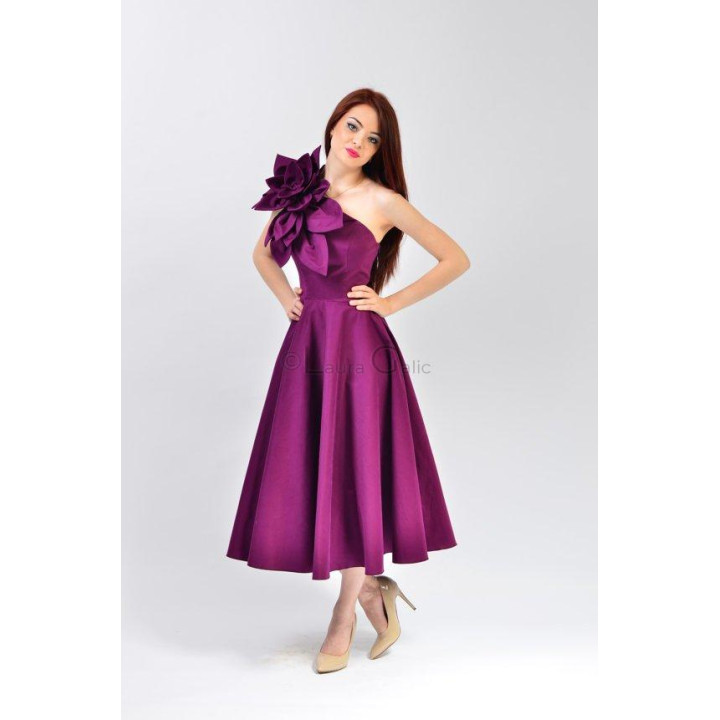 Purple Izaura 6 Double Bie dress with oversized shoulder flower and full midi skirt