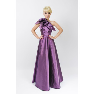 Izaura 5 long violet taffeta dress with a large shoulder flower and full skirt