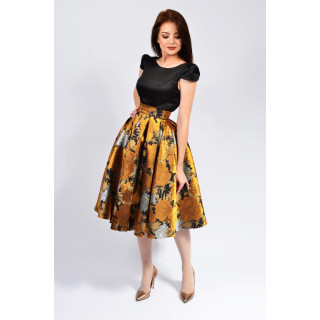 Marisa brocade skirt with a gold, bronze, black and silver floral pattern, styled with a high waist and full shape