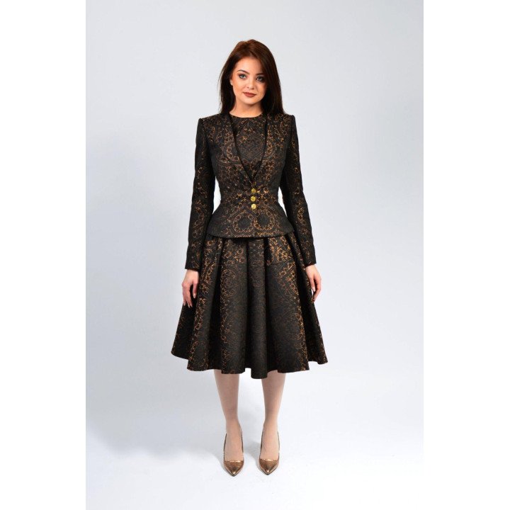 3-piece Patricia suit with fitted jacket, cropped top and full skirt in a black and bronze ornamental pattern