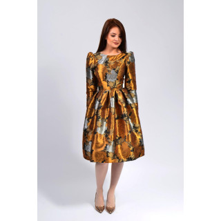 Celine 2 dress with copper and silver floral print, long sleeves and a full skirt