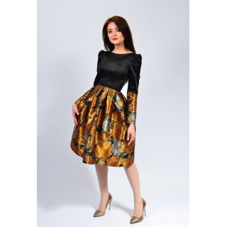 Rochia Celine 3 cu corsaj negru, mâneci contrastante și fustă amplă cu imprimeu floral auriu