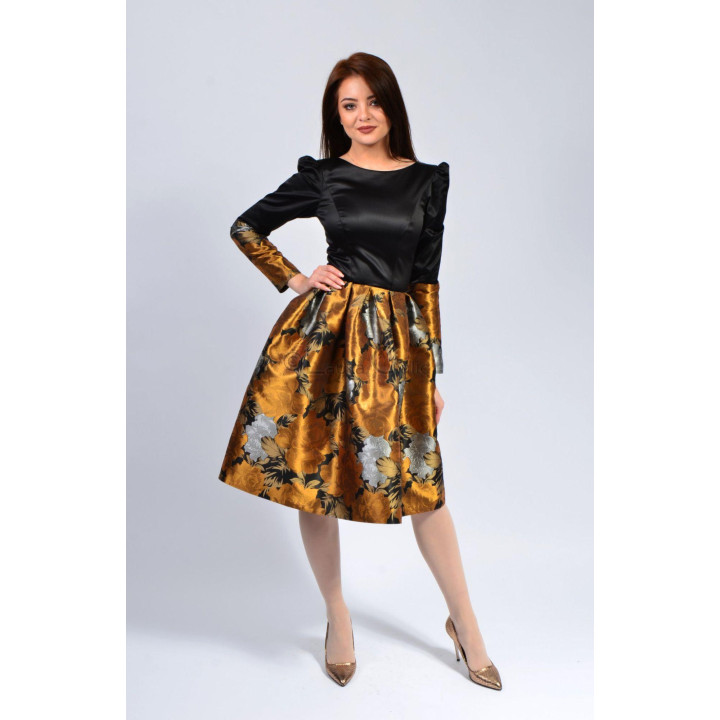 Rochie Celine 3 cu talie definită și fustă florală amplă în nuanțe de auriu, arămiu și argintiu