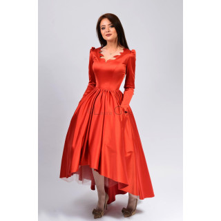 Alegra red-coral evening dress with angular neckline, long sleeves and full asymmetric skirt