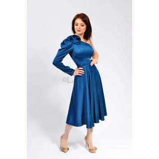 Tatiana blue midi dress with a single long sleeve, shoulder flower and flared skirt