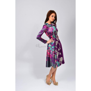 Rochia midi Pita 4 cu mâneci lungi, talie definită și imprimeu floral multicolor