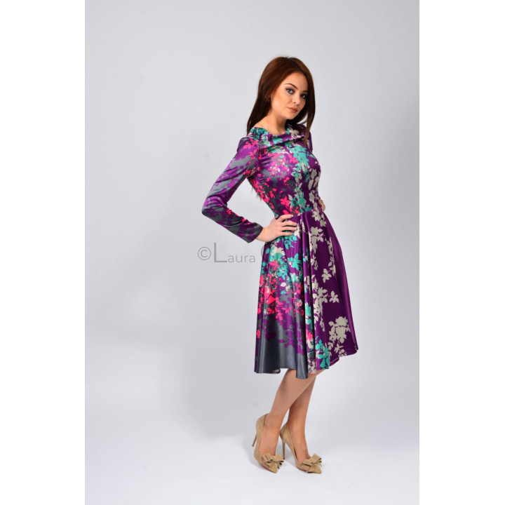 Rochia midi Pita 4 cu mâneci lungi, talie definită și imprimeu floral multicolor