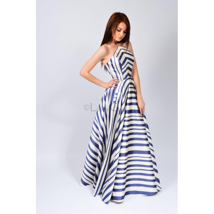 Barbara dress with a defined waist, side pockets and blue-and-ivory striped print