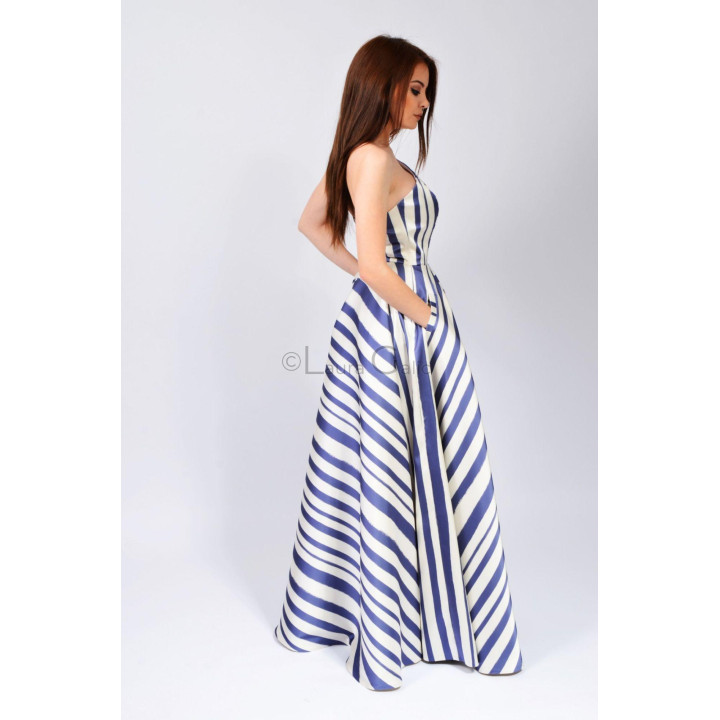 Side view of the Barbara long dress with a full blue-and-ivory striped skirt