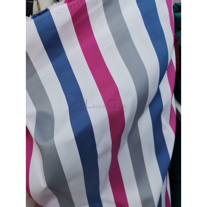 Eșantion de material cu dungi albastre, ivoire, gri și fucsia, variantă de material pentru rochia Barbara