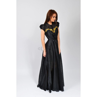 Floarea long black organza dress with yellow floral embroidery and puff sleeves
