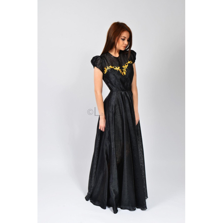 Floarea long black organza dress with yellow floral embroidery and puff sleeves
