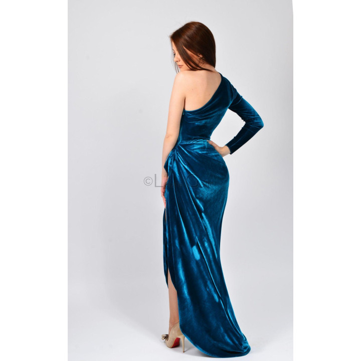 Rear view of the long asymmetric Carla evening gown