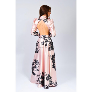 Rochie lungă Lisandra 2 din spate, cu imprimeu floral negru și spate amplu decupat