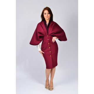 Burgundy Doina coat with voluminous sleeves, dark collar trim and gold-tone buttons