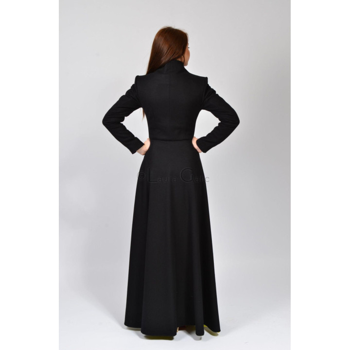 Back view of the black Tamura coat with long sleeves and a full skirt