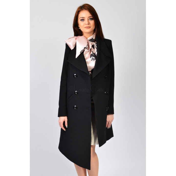 Front view of the Lucille 3 women's coat with double-breasted buttons and an uneven hem