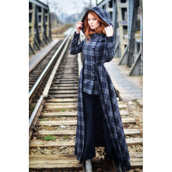 Front view of the Rebecca 1 coat showing its hood, button fastening and fitted waist
