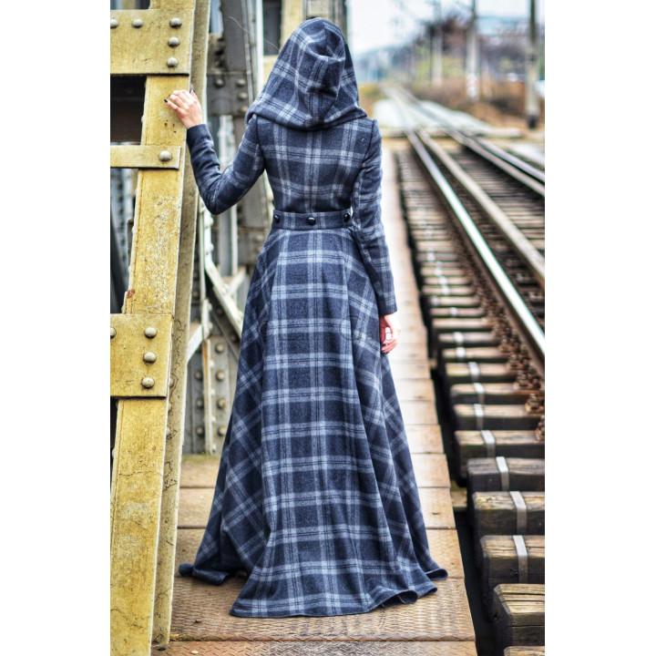 Back view of the Rebecca 1 hooded coat with a plaid pattern and full-length skirt