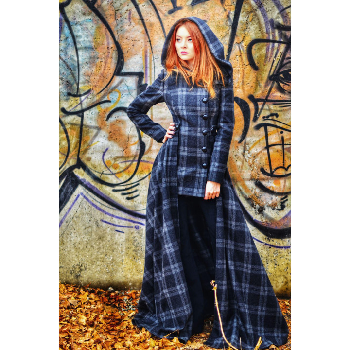 Rebecca 1 plaid coat with the hood up and buttons down the front