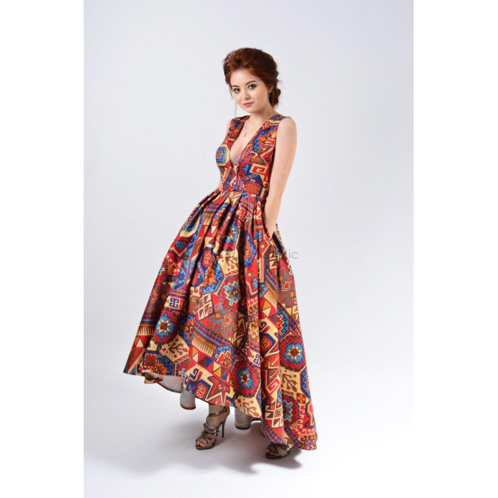 Rochie lungă Angela 3 cu imprimeu geometric multicolor și fustă amplă