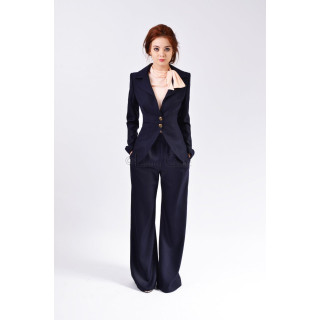 Front view of the navy Tamara women's jacket with fitted waist, lapels and two gold-tone buttons