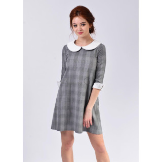 Ada babydoll dress in a grey check pattern with a rounded white collar and three-quarter sleeves