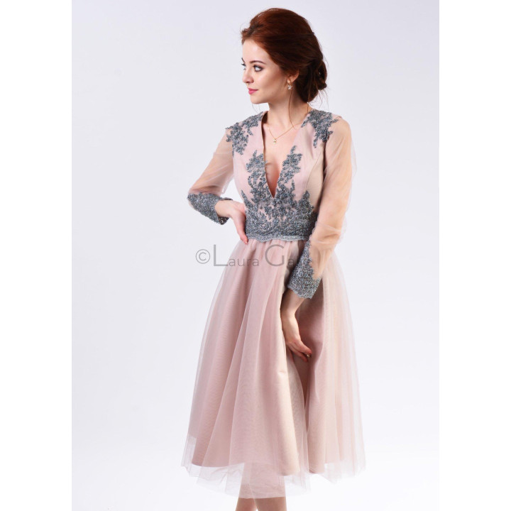 Charlote dress with a V-neckline and grey embellishments on the bodice and cuffs
