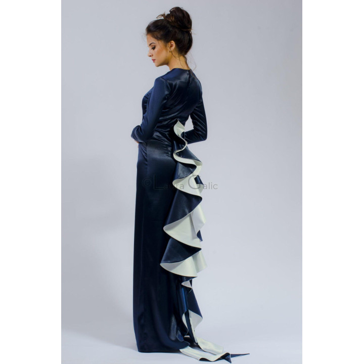 Back view of the Serena evening dress with a cascading navy and ivory ruffle