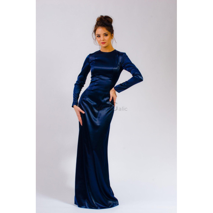 Rochie de seară Serena bleumarin, cu mâneci lungi și croială cambrată
