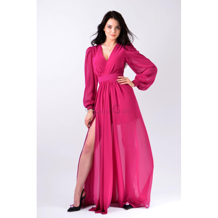 Rochie lungă Antonia 2 fuchsia, cu decolteu petrecut, mâneci ample și crăpătură laterală