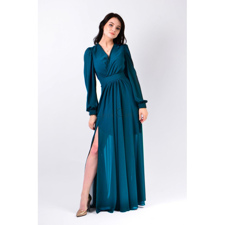 Rochie lungă Antonia 2 teal cu mâneci lungi ample și fustă cu pliuri