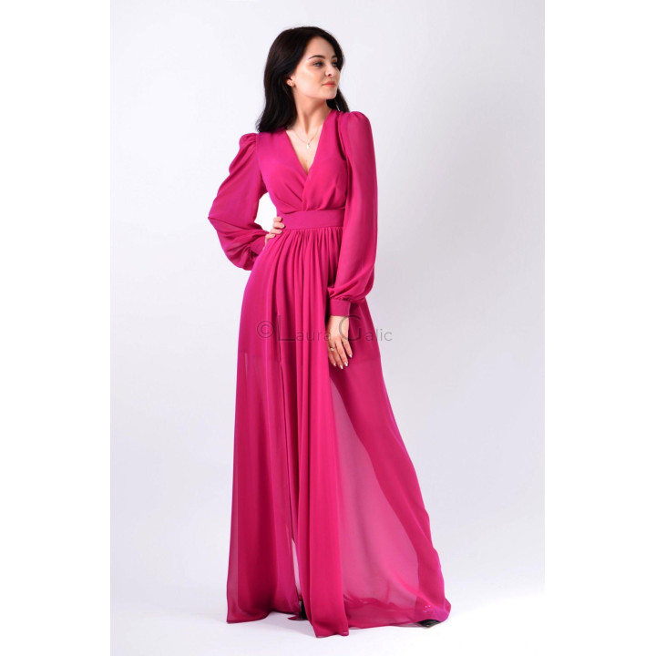 Fuchsia Antonia 2 dress showing its V-neck bodice and gathered sleeve cuffs