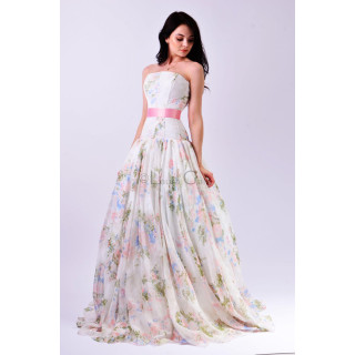 Laura Galic Elisabeta evening dress with strapless bodice, pink waistband and full floral skirt with train