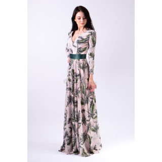 Charlote 4 long dress with botanical print, V-neckline and dark green waist band