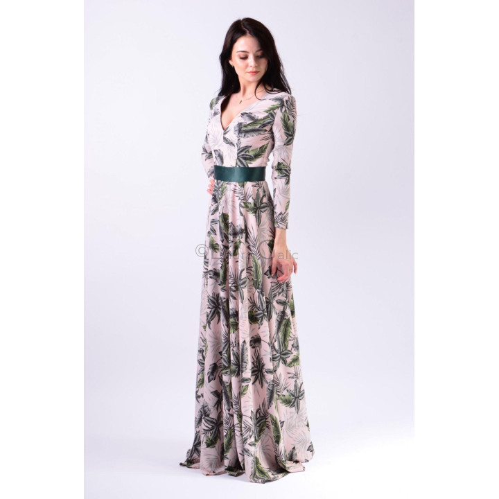 Rochie lungă Charlote 4 cu imprimeu botanic, decolteu în V și bandă verde închis în talie