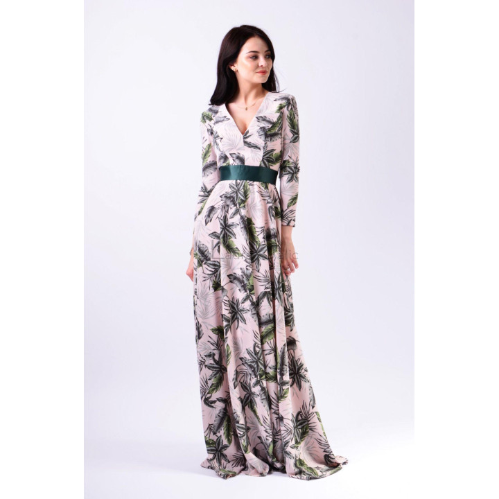 Rochie maxi Charlote 4 cu mâneci lungi și fustă amplă cu imprimeu de frunze