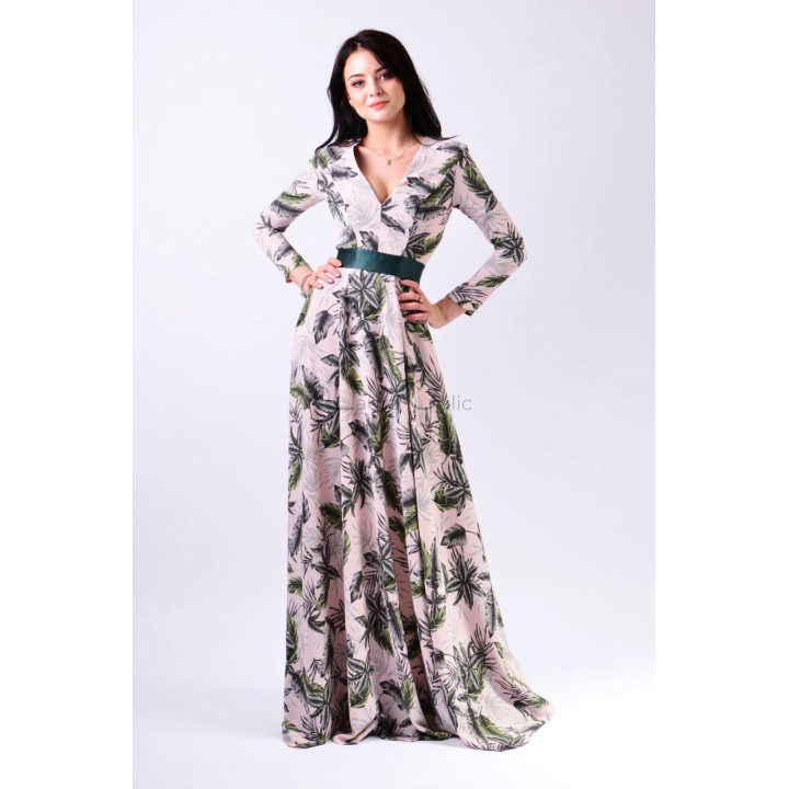 Rochie Charlote 4 cu imprimeu botanic și talie accentuată de bandă verde închis