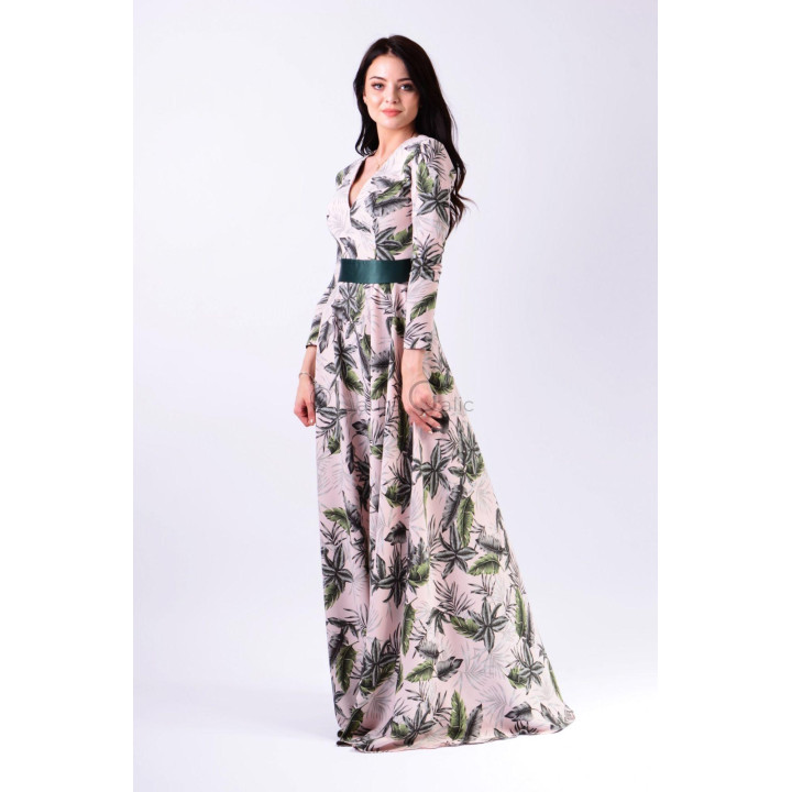 Charlote 4 floor-length dress with V-neck and green, grey and black leaves on pale pink