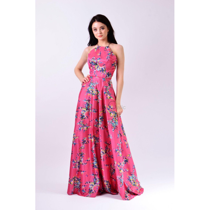Rochia lungă Octaviana 2, roz cu imprimeu floral multicolor și fustă amplă