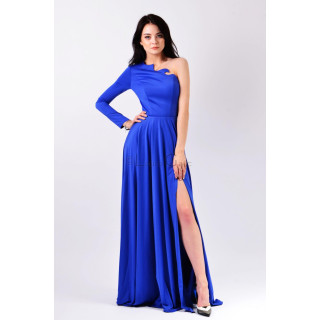 Alanis 2 long blue evening dress with one long sleeve and a high side slit