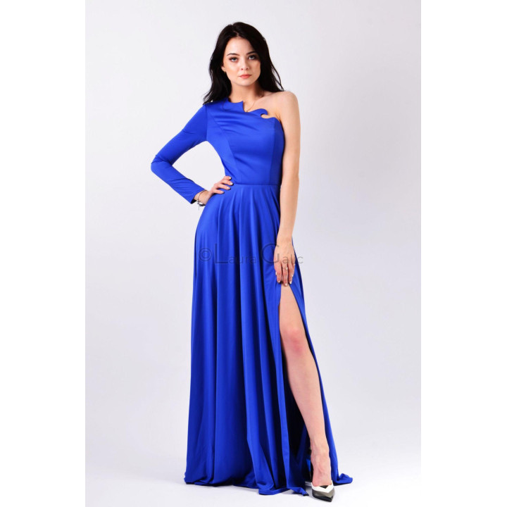 Rochie de seară lungă Alanis 2, albastră, cu mânecă lungă și șliț lateral înalt