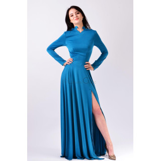 Front view of the blue Fatma long gown with long sleeves and a side slit