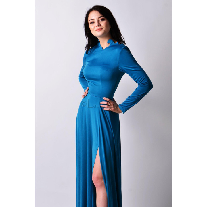 Fatma evening gown showing its defined waist, full skirt and sculpted neckline