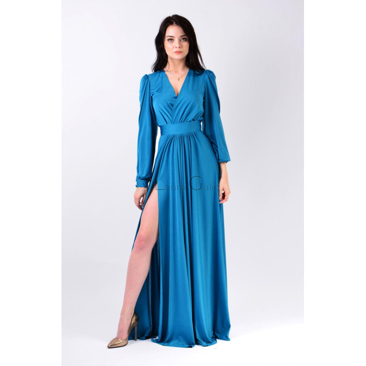 Rochie de seară Antonia 2 cu talie marcată, fustă amplă și crăpătură înaltă