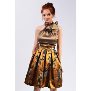 Gina skirt with a high waist, full pleats and a gold and black floral print