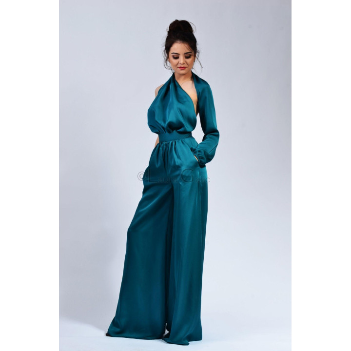 Salopeta de damă Brandusa cu talie marcată și pantaloni lungi cu croială amplă