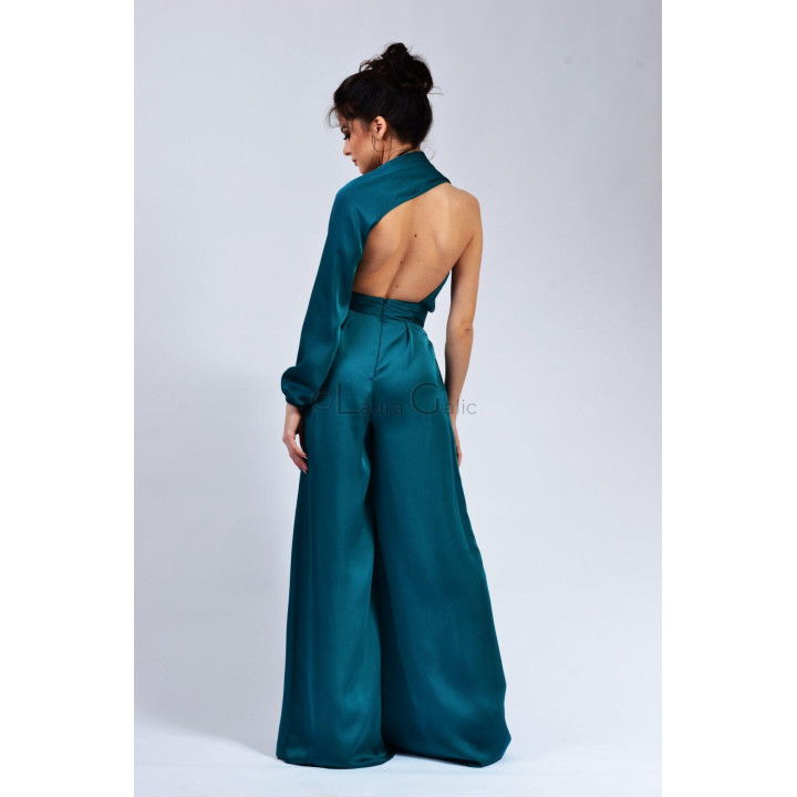 Open-back detail of the teal Brandusa jumpsuit with a wide waistband