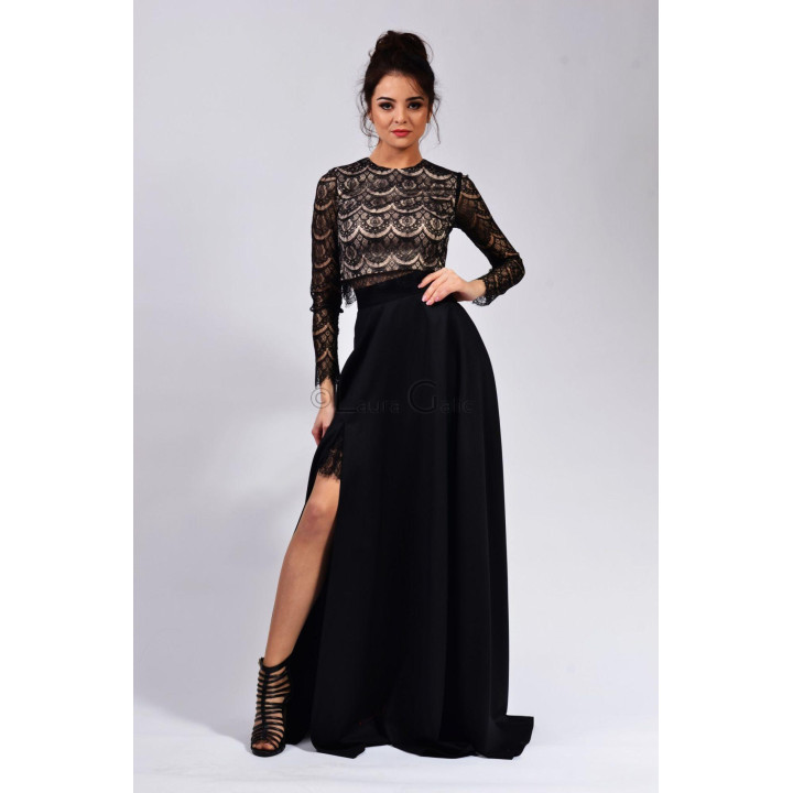 Bianca 3 women’s floral lace top styled with a long black skirt