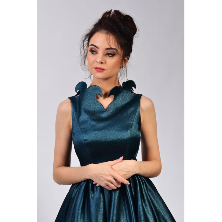 Close-up of the Sasha petrol blue dress with its high wave-shaped collar